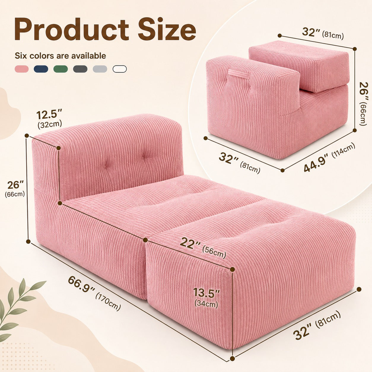 Fold-Out Corduroy Floor Lounger dimensions and size guide