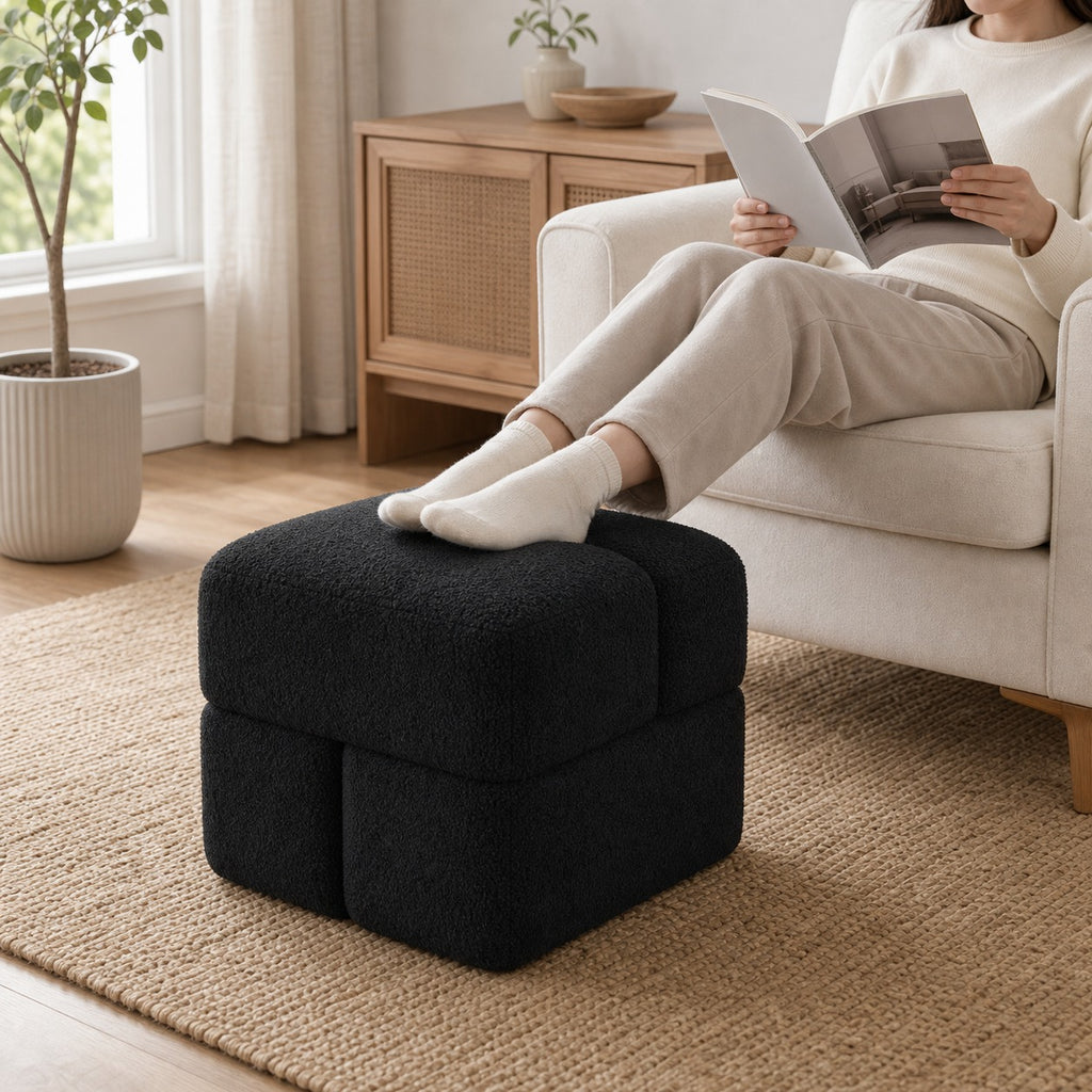 Boucle Cube Ottoman styled in a room