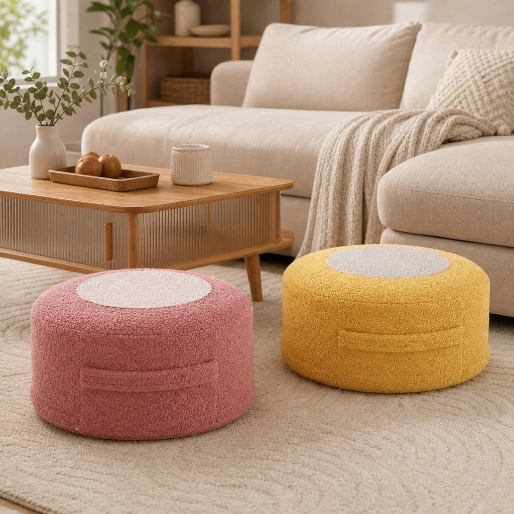 Round Storage Pouf Ottoman styled in a room