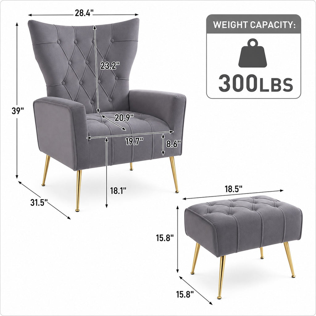 Wingback Chair and Ottoman Set dimensions and size guide
