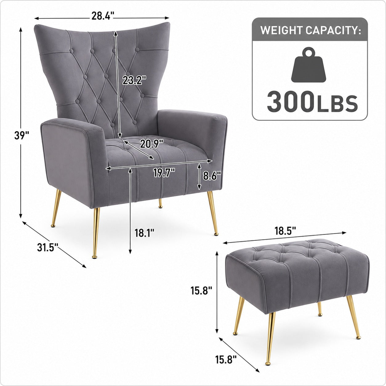 Wingback Chair and Ottoman Set dimensions and size guide