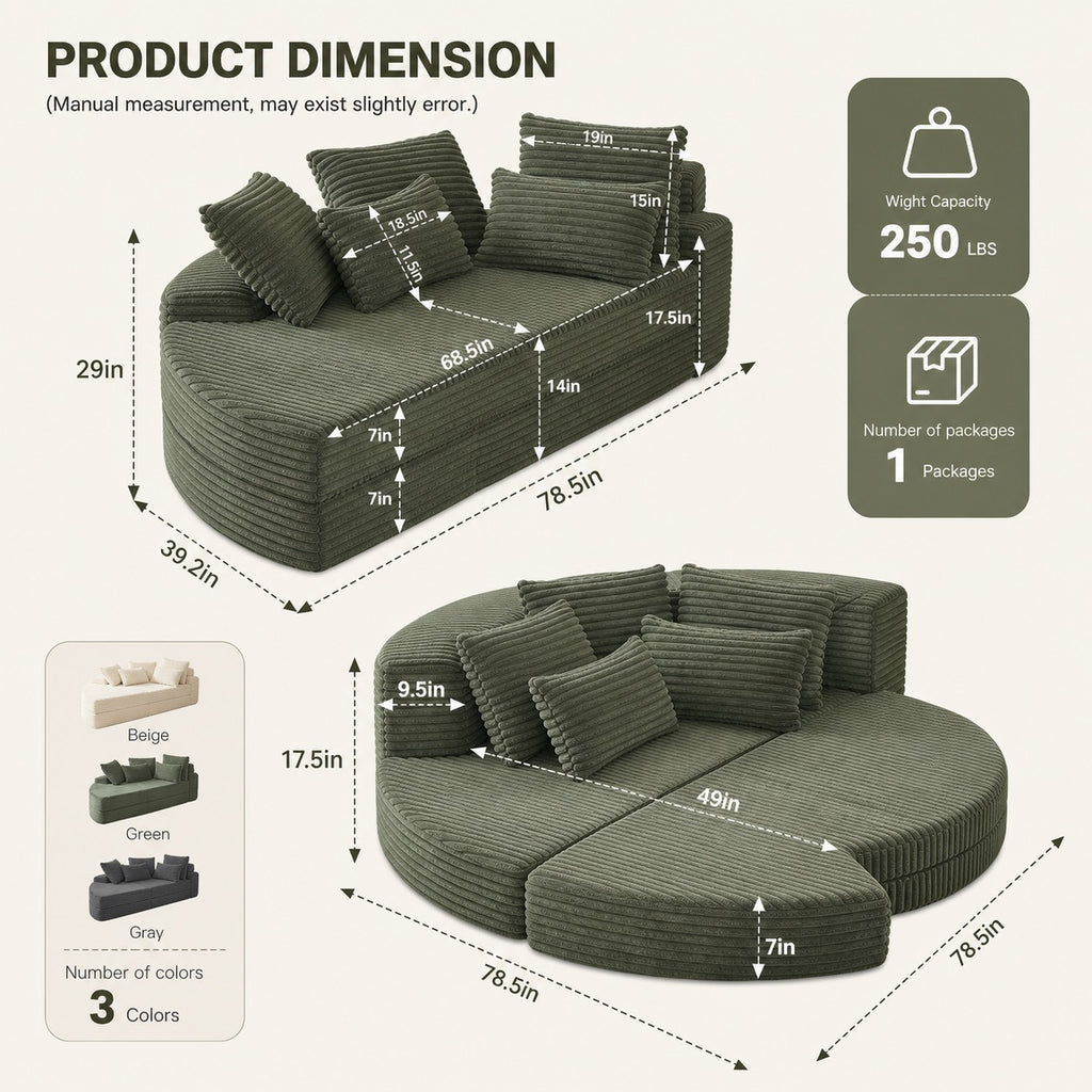 Round Convertible Lounge Sofa dimensions and size guide