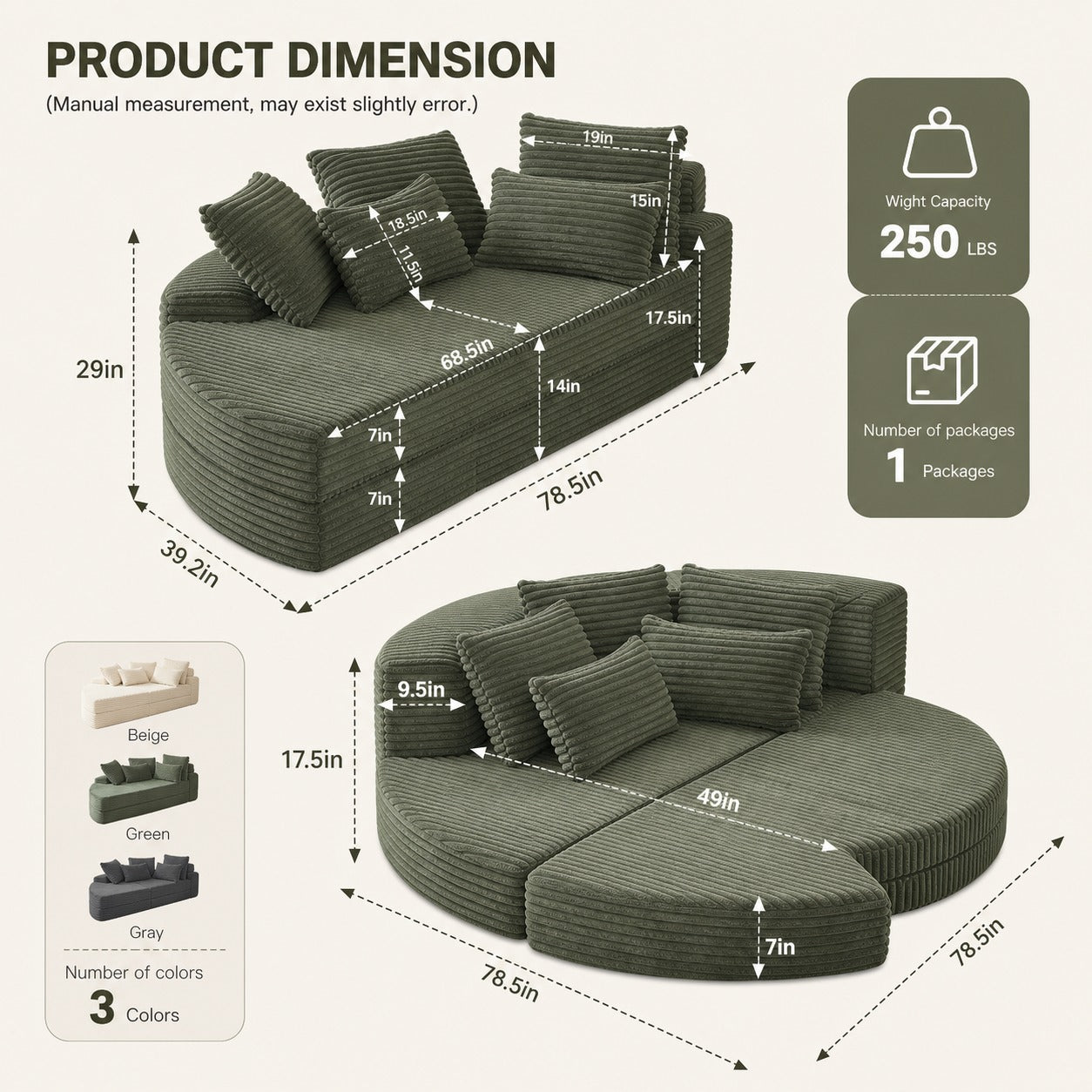 Round Convertible Lounge Sofa dimensions and size guide