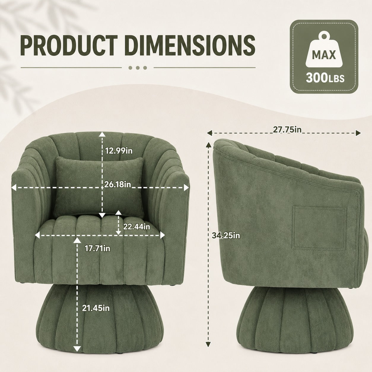 Swivel Barrel Reading Chair dimensions and size guide