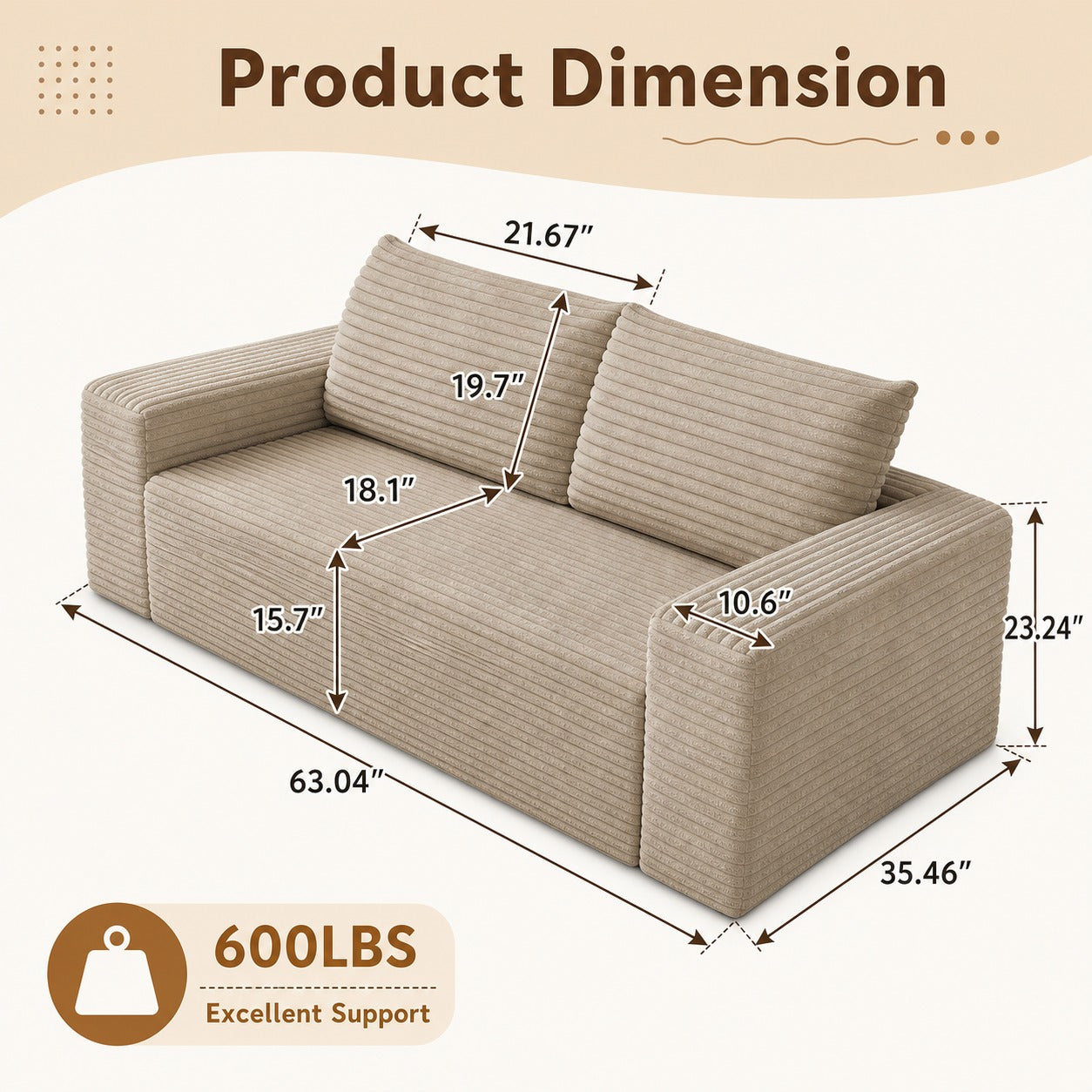 Corduroy Boneless Loveseat dimensions and size guide