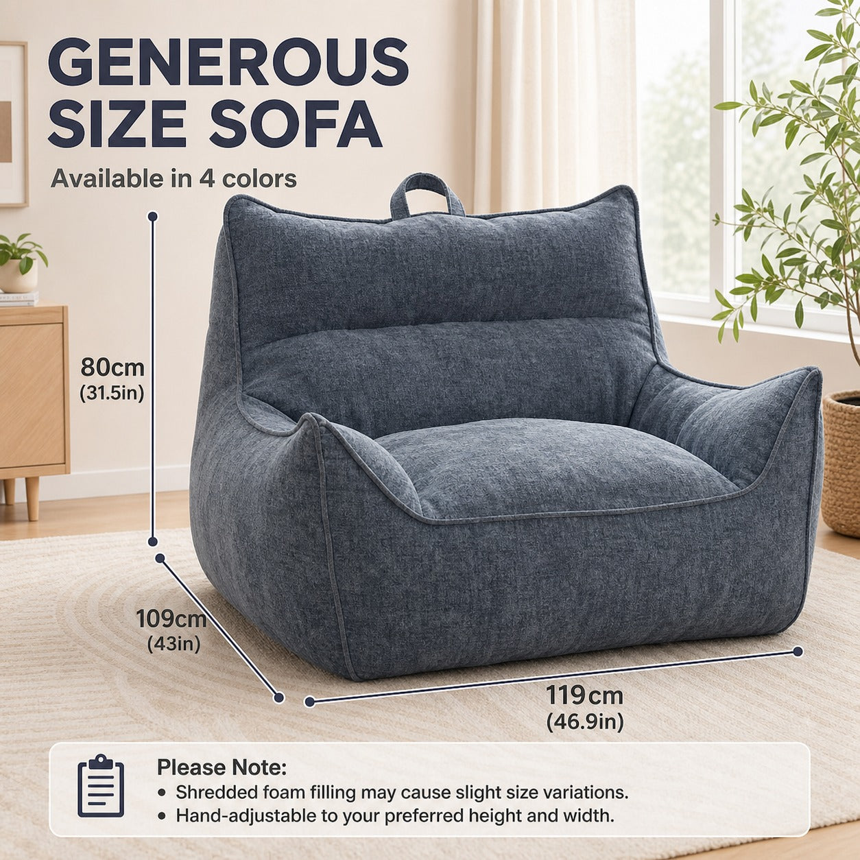 Wide Pillow Bean Bag Chair dimensions and size guide